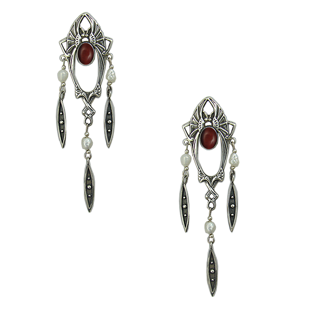 Sterling Silver Art Deco Drop Dangle Post Stud Earrings With Red Tiger Eye